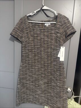 Calvin Klein Black and Tan Textured Short-Sleeve Shift Dress
